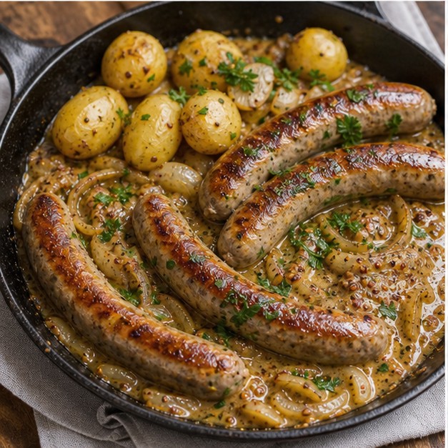 Braised Bratwurst with Spicy Mustard Sauce